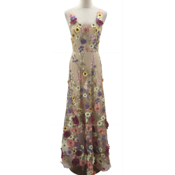 AW BRIDAL 10 L Beige embroidered 3d floral Alison prom party maxi dress NEW B145 - Picture 3 of 10